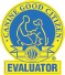 A yellow and blue logo for the evaluator.